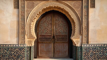 Poster - mosque door framed by elegant arabesque patterns, capturing the essence of traditional Islamic design