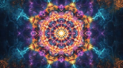 Poster - mesmerizing kaleidoscope pattern with symmetrical colorful fractal designs, creating a hypnotic visual effect.