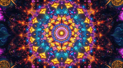 Poster - mesmerizing kaleidoscope pattern with symmetrical colorful fractal designs, creating a hypnotic visual effect.