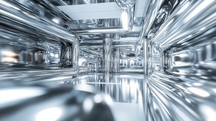 Poster - A metallic chrome background with reflective surfaces, cool silver tones, and a futuristic industrial aesthetic
