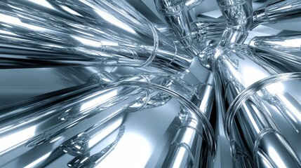 Poster - A metallic chrome background with reflective surfaces, cool silver tones, and a futuristic industrial aesthetic