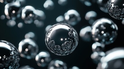 Poster - metallic silver bubble pattern with highly reflective orbs on a dark gradient.