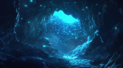 Poster - A mysterious cave opening with glowing bioluminescent fungi illuminating the rocky walls