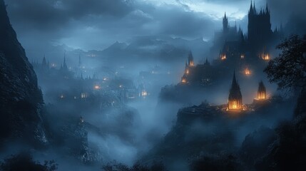 Poster - A mysterious dark fantasy background with foggy mountains, eerie glowing lanterns, and a gothic-inspired atmosphere