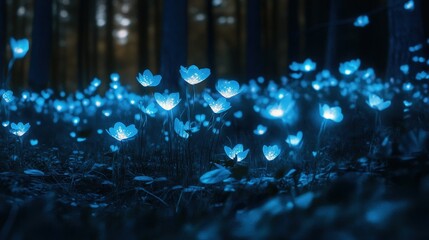 Poster - A mystical night scene of glowing bioluminescent flowers in a magical forest