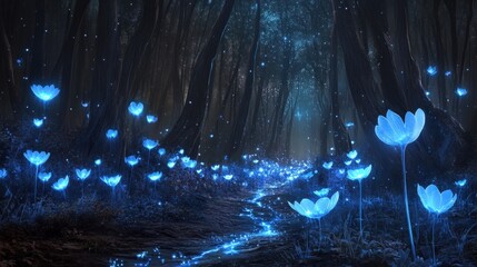 Poster - A mystical night scene of glowing bioluminescent flowers in a magical forest