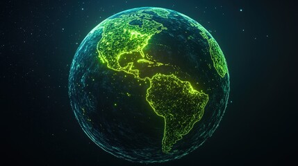 Poster - Earth icon with glowing green continents and electric blue oceans
