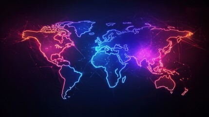 Poster - A neon-outlined world map on a dark background, creating a cyberpunk and futuristic atmosphere