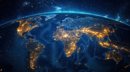 Poster - A night-time world map showing illuminated cities and continents glowing against a deep blue space backdrop.