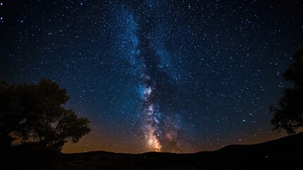 Wall Mural - a peaceful night scene in the wilderness, with a clear sky full of stars and the milky way stretchin