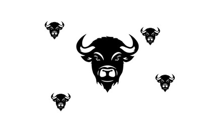 Poster - Zoom in and out animation the buffalo symbol. Large black symbol in the center and four small symbols around. Seamless looped 4k animation on white background