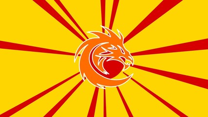 Poster - Dragon's head symbol on the background of animation from moving rays of the sun. Large orange symbol increases slightly. Seamless looped 4k animation on yellow background