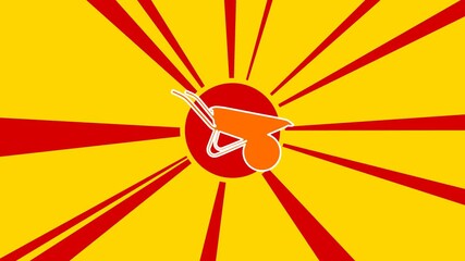 Poster - Garden wheelbarrow symbol on the background of animation from moving rays of the sun. Large orange symbol increases slightly. Seamless looped 4k animation on yellow background