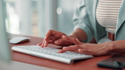 Poster - Typing, hands and employee with keyboard, office and insurance agent with tech for policy and online. Business, project and person with info for coverage, planning and updates for digital records
