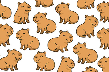 Poster - Cute vector icons of happy capybaras in a playful repeating pattern, ideal for creative projects and designs featuring these charming animals