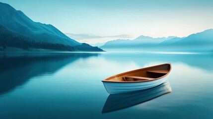 Naklejka na meble Lone wooden boat drifting peacefully on a tranquil blue lake surrounded by mountains.