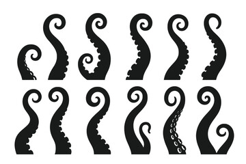 Poster - Various vector icons of octopus tentacles in stylized black designs for creative projects and illustrations
