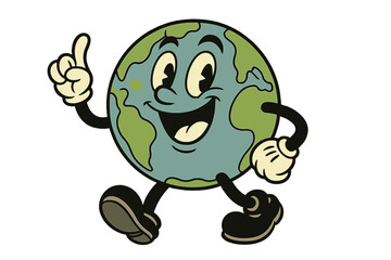 Poster - Vector icon of a cheerful cartoon Earth character walking with a smile and raised finger, representing positivity and environmental awareness