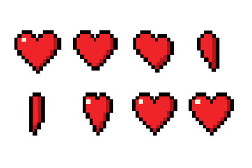 Poster - Pixel art hearts representing different styles and sizes in a colorful vector design format