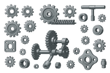 Poster - Vector icon of mechanical gears and components arranged in various sizes and styles for engineering and design purposes