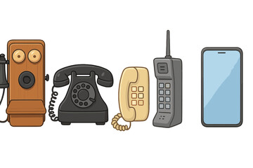 Poster - Evolution of communication devices from vintage phones to modern smartphones shown in vector icon format