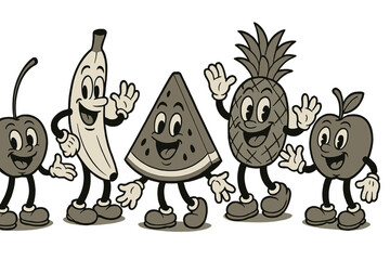 Poster - Fun and cheerful vector icons of happy fruit characters in a playful celebration