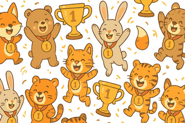 Poster - Cute animal vector icons celebrating victory with trophies and medals in vibrant colors