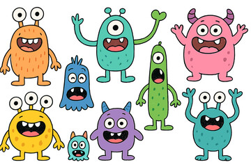 Poster - Bright and colorful vector icons of cheerful cartoon monsters celebrating in a playful arrangement