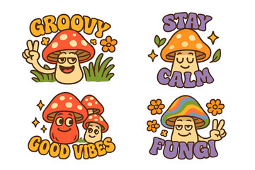 Poster - Fun and colorful mushroom vector icons promoting positive vibes and relaxation in a playful design style