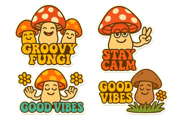 Poster - Fun and cheerful vector icons showcasing whimsical mushrooms with playful text and bright colors in a relaxed setting
