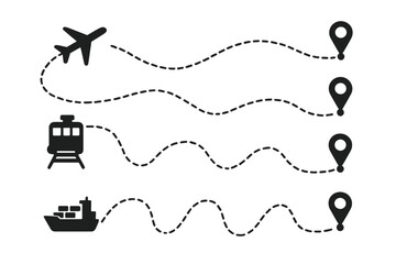 Poster - Travel vector icon set showing various transportation methods and navigation routes for planning journeys