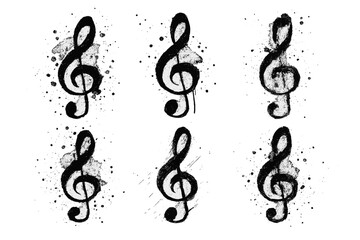 Poster - Vector icons featuring musical notes in various styles with artistic splashes creating a dynamic visual presentation