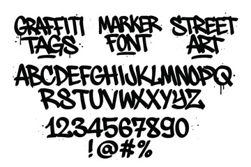 Poster - Graffiti marker font showcasing various tags, street art styles, and a full alphabet with numbers and symbols