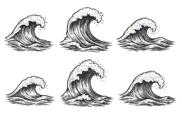Poster - Stylized vector icons of ocean waves illustrating various movements and shapes in a cohesive design