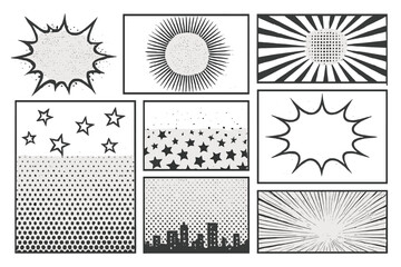 Poster - Vector icons representing comic book style backgrounds with diverse patterns in black and white depicting stars and bursts