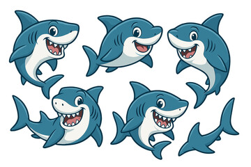 Poster - Exciting vector icons of playful cartoon sharks showcasing different expressions and poses for fun designs and illustrations