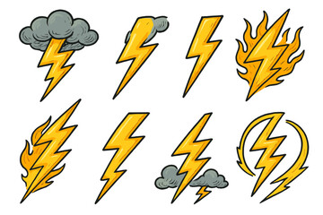 Poster - Vector icon set featuring yellow lightning bolts, clouds, and flames in a dynamic design suitable for various uses