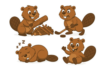 Poster - Vector icon featuring playful beavers engaged in various activities with logs and hockey on a white background