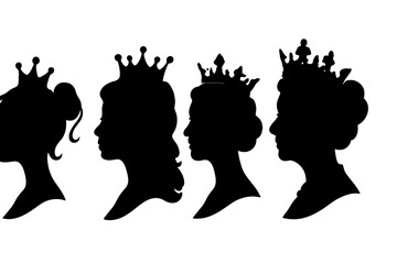 Poster - Vector icon representing four silhouette profiles of queens wearing crowns with varying styles, perfect for royal-themed designs and graphics
