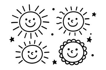 Poster - Fun vector icons of smiling suns with different styles and expressions for cheerful design elements suitable for various projects