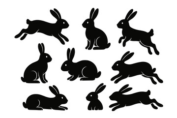 Poster - Vector icon set depicting various black rabbits in different poses, showcasing their playful nature and movement