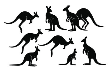 Poster - Vector icons featuring various poses of kangaroos in silhouette style for design projects and illustrations