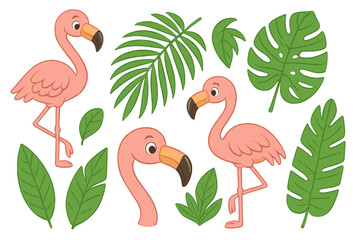 Poster - Vector icon of pink flamingos surrounded by tropical leaves for summer-themed designs or decor