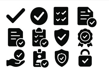 Poster - Vector icon collection featuring check marks, documents, and security symbols for quality assurance and verification purposes