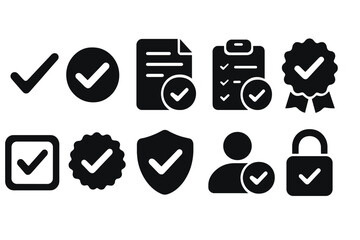 Poster - Assorted vector icons representing verification, approval, and security concepts in a modern design