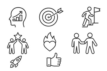 Poster - Vector icons representing personal development, goal setting, teamwork, and motivation in a minimalist style