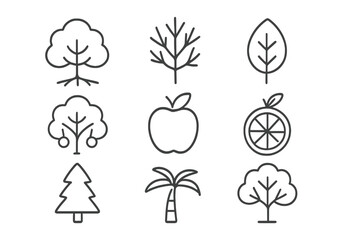Poster - Collection of outline vector icons featuring various trees, leaves, and fruit in a simple and minimalist design style