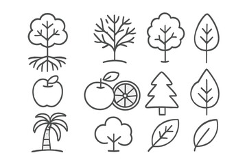Poster - Collection of vector icons illustrating various trees, leaves, and fruits for design projects and educational purposes
