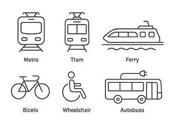 Poster - Vector icon set of public transportation options including metro, tram, ferry, bicycle, wheelchair, and bus