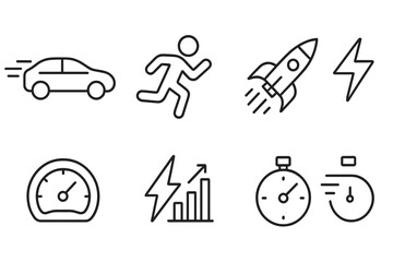 Poster - Dynamic vector icons representing speed, movement, and energy in various forms such as cars, rockets, and runners